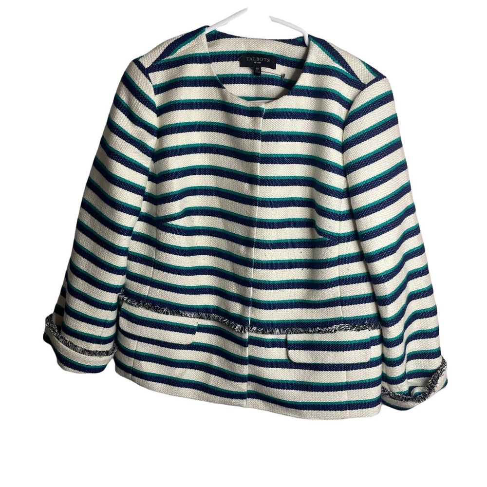 Talbots Blazer Womens 10P Petite White Blue Green Tweed Jacket Snap Fringe New